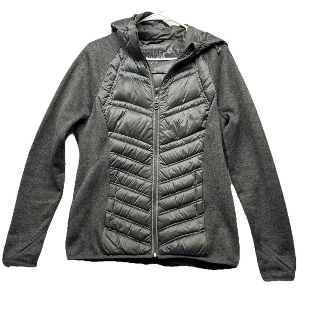 Michael Kors Mixed Media Down Jacket Gray Zip Thumbholes L